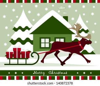 vector christmas card with reindeer pulling sledge with gifts