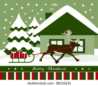 vector christmas card with reindeer pulling sledge with gifts