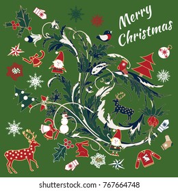 Vector Christmas card with reindeer, snowmen and baroque ornaments