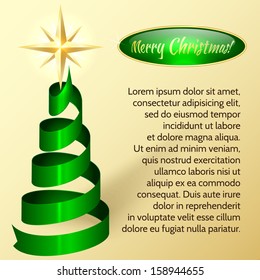 Vector Christmas Card With Ribbon Christmas Tree and Star on Pale Yellow Background and Your Text