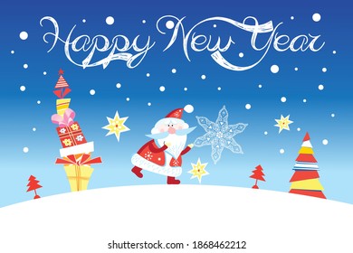 Vector Christmas card with Santa Claus and gifts on a blue background. New year greeting card