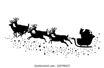 vector Christmas card with Santa Claus and deer flying 