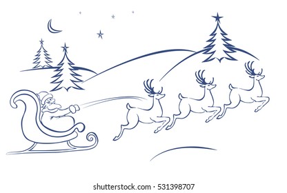 vector Christmas card with Santa Claus and deer flying