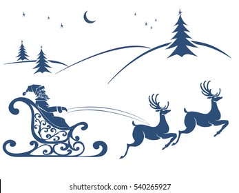 vector Christmas card with Santa Claus and deer flying