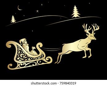 vector Christmas card with Santa Claus and deer flying