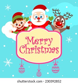 Vector Christmas card with Santa Clause, Elf and Reindeer characters
