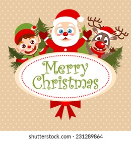 Vector Christmas card with Santa Clause, Elf and Reindeer