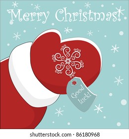 vector christmas card with Santa's hand giving cute snowflake with label for your text