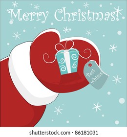 vector christmas card with Santa's hand giving cute box gift with bow and label for your text