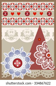 vector Christmas card in scrapbooking style in red white and beige color sheme with snowflakes, deer, fir-tree, bow, buttons and cross-stitch