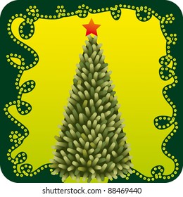 Tarjeta navideña vectora con árbol de navidad brillante y borde claro
