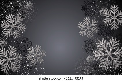 Vector Christmas card with silver snowflakes and glitter