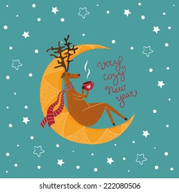 vector Christmas card with a  sitting deer. It can be used for card, postcard, banner, sticker, wallpaper.