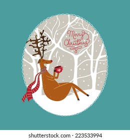 vector Christmas card with a  sitting deer. It can be used for card, postcard, banner, sticker, wallpaper.