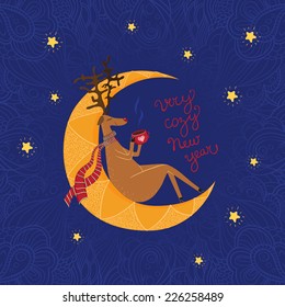 vector Christmas card with a  sitting deer. It can be used for card, postcard, banner, sticker, wallpaper.