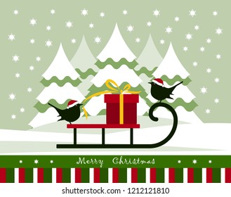 vector christmas card with sledge with gift and couple of birds in snowy landscape