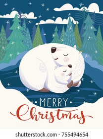 Vector Christmas card with sleeping mother polar bear and baby. Merry Christmas vector card. 