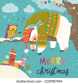 Vector Christmas card with sleeping polar bear and little owl