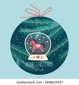 Vector christmas card with snow globe. New year. 