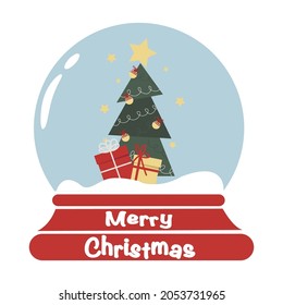Vector christmas card with snowe globe with christmas tree and gift boxes for greeting card or invitation