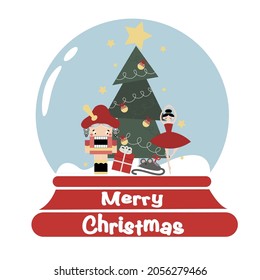 Tarjeta de navidad vectorial con globo snowe con árbol de navidad, Nutcracker, ballerina y cajas de regalo para tarjeta de saludo o invitación
