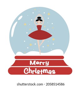 Tarjeta de navidad vectorial con bola de globo nevado con bailarina vestido rojo, nieve y estrellas para tarjeta de saludo o invitación