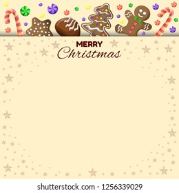 Vector Christmas card. Snowflakes, chocolates, Christmas sweets, candy, candy cane, gingerbread, cookies. All elements are isolated.