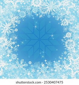 Tarjeta de Navidad de Vector con copos de nieve y estrellas punteadas, fondo azul degradado

