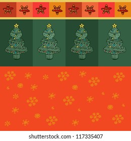 Vector christmas card with snowflakes, trees, stars. Seamless background. Red and green design. Xmas tree. Stars. Amazing hand drawn design.