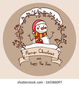 Vector Christmas card with snowman