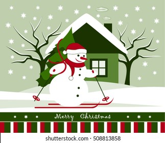 vector christmas card with snowman skier carrying tree in snowy landscape