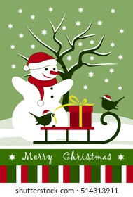 vector christmas card with snowman and sledge with gift and birds in snowy landscape
