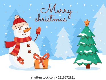 vector Christmas card with a snowman and a Christmas tree. Happy New Year and Merry Christmas.