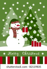vector Christmas card with snowman, Christmas tree and gifts