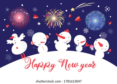 Vector Christmas card with snowmen on a blue sky with snowflakes. A bright holiday card or poster for a gift.