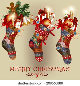 Vector Christmas card with socks, baubles, bells and gifts