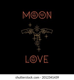 Vector Christmas card starry sky. Christmas poster with hands and the moon. In a circle of stars, snowflakes, gold on black. Vector illustration