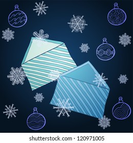 Vector Christmas card with stylized striped envelopes.