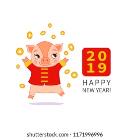 Vector Christmas card. A sweet pig in Chinese traditional clothes picks up coins. Template of posters, postcards, calendars.
