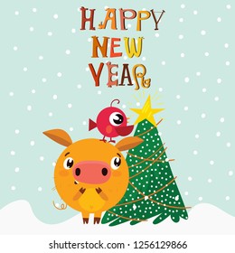 Vector Christmas card with the symbol of 2019 - Yellow Pig. Greeting card of New Year. Vector illustration EPS 10