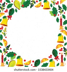 Vector Christmas card template with candle, bell, mistletoe, leaf and orange slices.