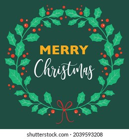 Plantilla de tarjeta de Navidad vectorial con corona azul, texto y bayas rojas. Ilustración plana