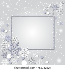Vector christmas card template with space for text. Glittering frame with silver snowflakes. 