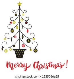 Vector Christmas card template with christmas tree, gifts, snowflakes and hand written text Merry Christmas! 