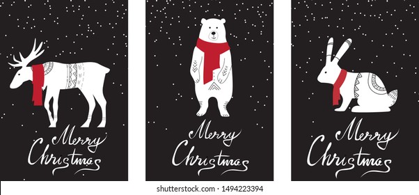 Vector christmas card templates with contrasting white animals in flat scandinavian style. The animals wore red winter scarves and are also decorated with traditional patterns.