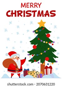 Vector christmas card templte with text. Cute santa clause with sack. Christmas tree and gift boxes.