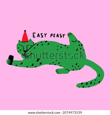 vector christmas card - tiger selfie - symbol of 2022 new year.Funny Christmas quirky  tiger with phone and humor lettering "easy peasy".80s, 70s vibrant hand drawn poster for social media and stories
