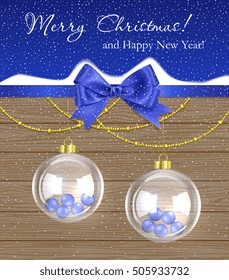 Vector Christmas Card With Transparent Baubles And Golden Garland And Bow