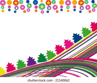 Vector Christmas card with the tree and decorations at the colorful striped background with a place for your text.