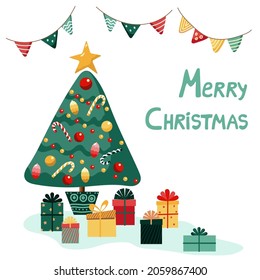 Vector Christmas card with Christmas tree, gift boxes and flags. Background for cards, posters, invitations and stationery.